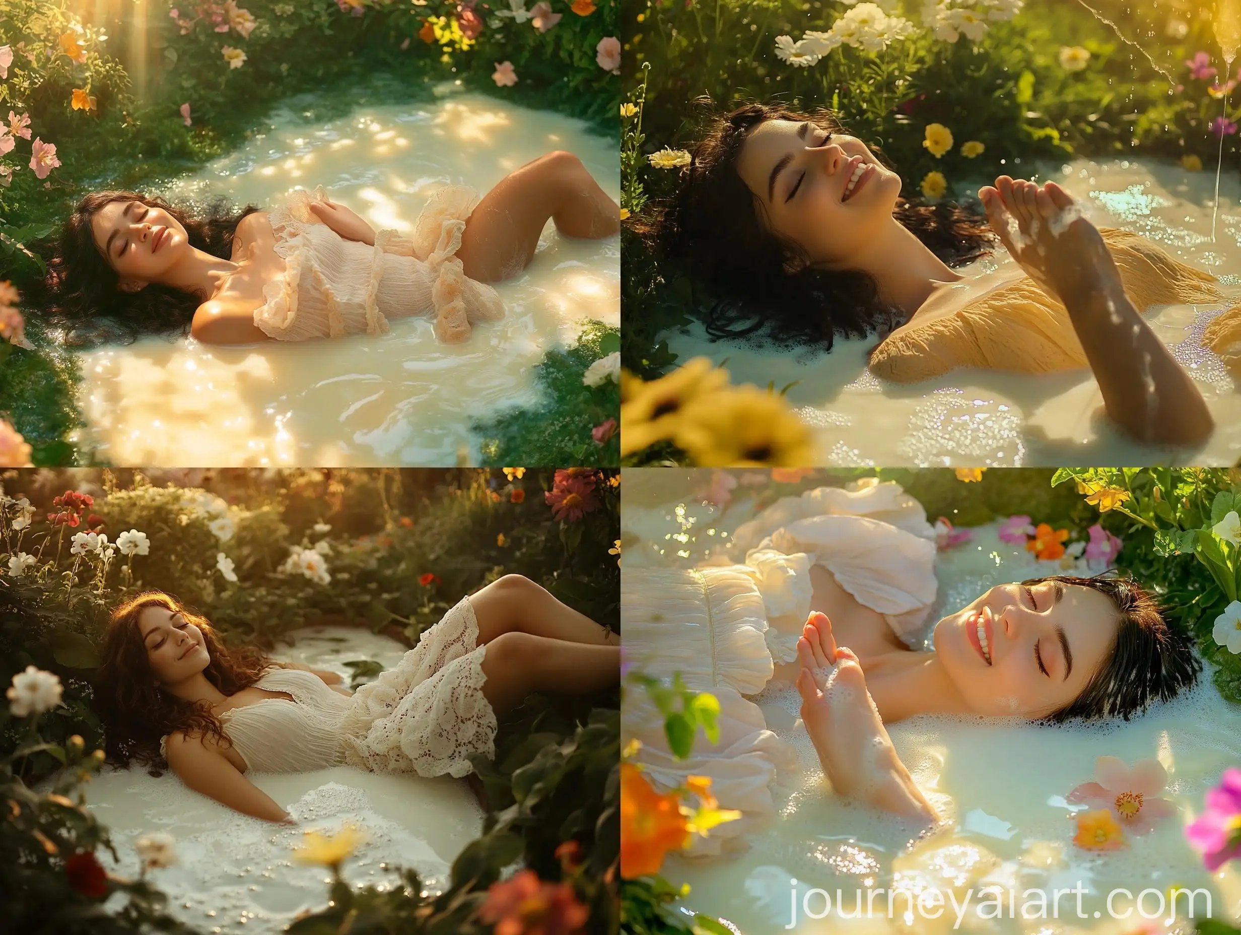 Joyful-Young-Woman-Relaxing-in-a-Sunlit-Garden-with-Milk-Pool