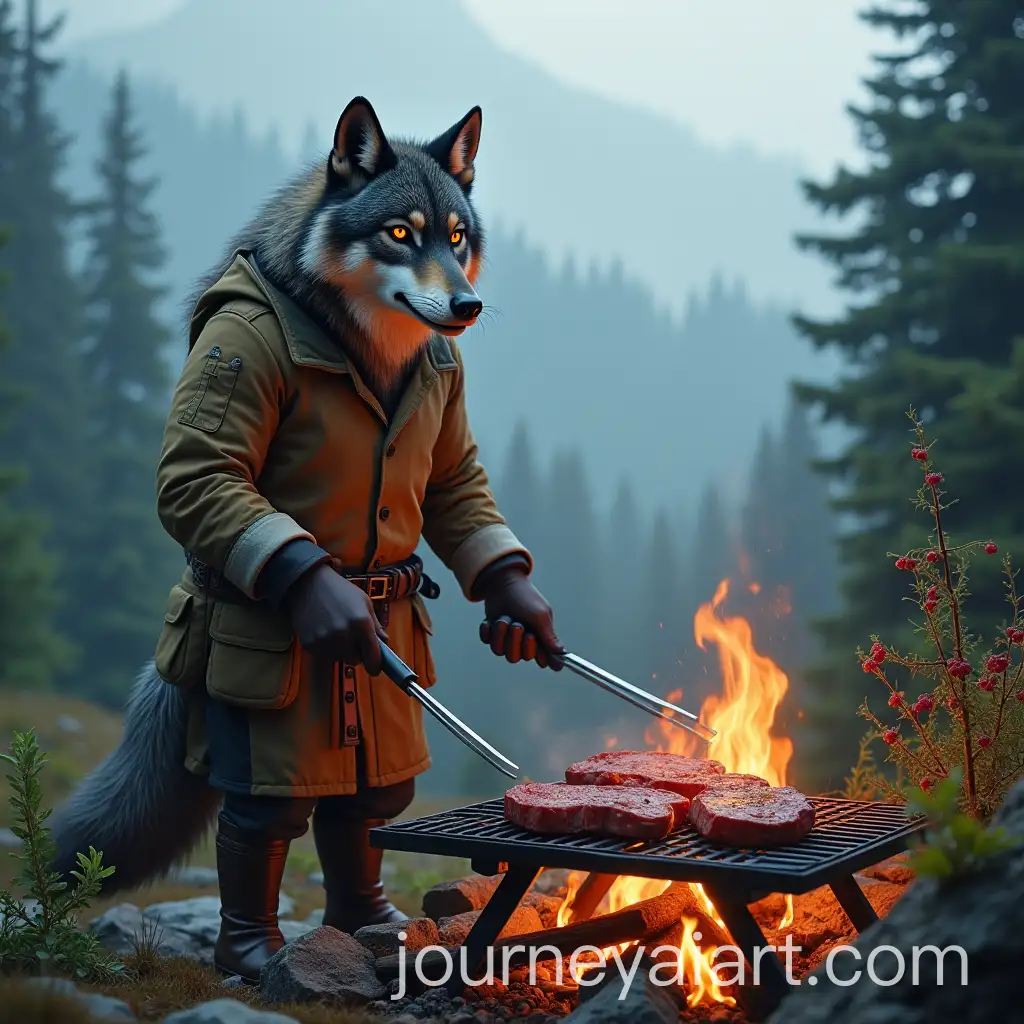 Willow-the-Wolf-Cooking-Venison-Steaks-Over-an-Open-Fire-in-a-Misty-Mountain-Setting