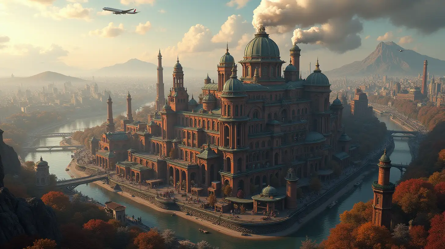 Majestic Steampunk Cityscape with Railway Station and Airport