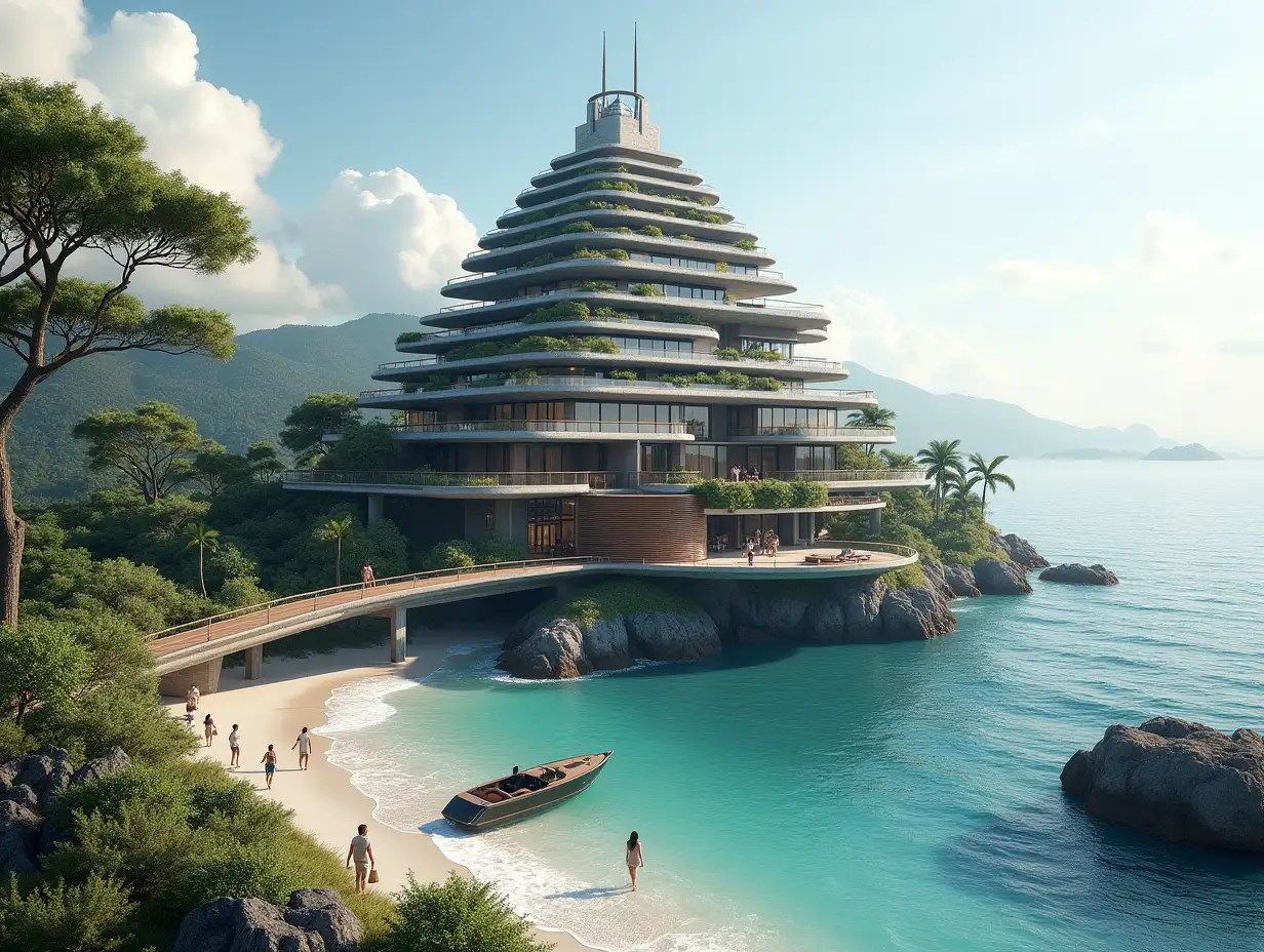 Create a high-resolution, realistic panorama image of a futuristic terrace building with window pyramid house with bridge, a yacht and a small beach with people, many plants and grey and brown facades with sea with waves, large trees, black clouds