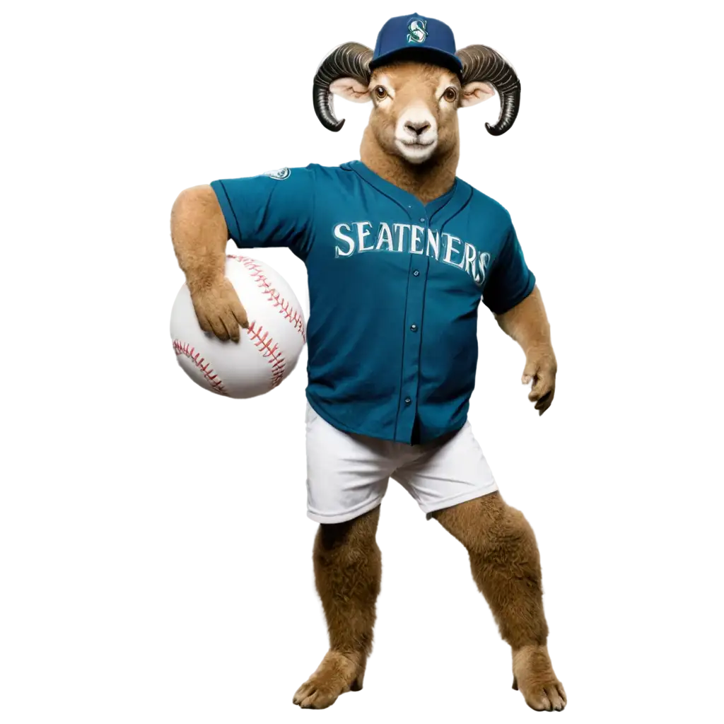 A ram wearing a Seattle mariners baseball team uniform