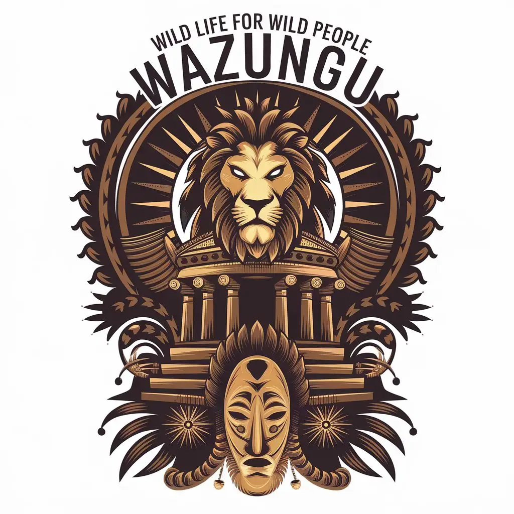 LOGO Design for WAZUNGU Wild Life for Wild People Featuring a Dark Spiritual Temple and Lion Symbolism