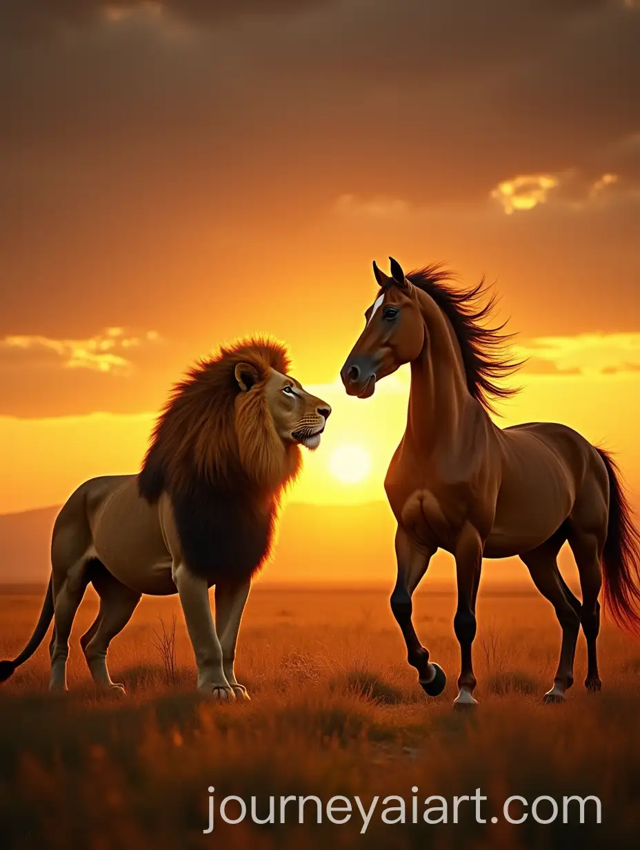 Majestic-Lion-and-Powerful-Horse-Facing-Each-Other-in-Dramatic-Sunset-Landscape