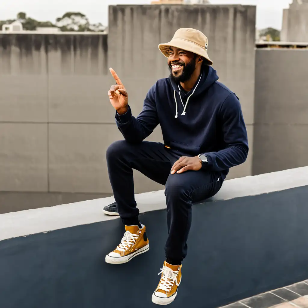 Casually Dressed Black Man Laughing and Pointing to the Sky