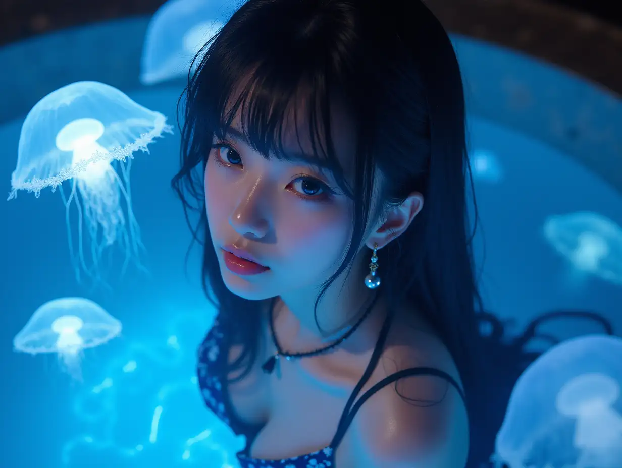 photo, realistic, ultra HD,32k,close-up face,entangled glowing huge jelly fish, night,pool,RAW photo,ultra realistic photo,beautiful Japanese idol, kawaii,vivid, dark eyes, huge breasts, massive boobs, detailed skin, long black hair,detailed bikini with geometric print,floating in pool,necklace, earrings ,detailed shadow, gravure,wistful smile, looking back,colorful lighting