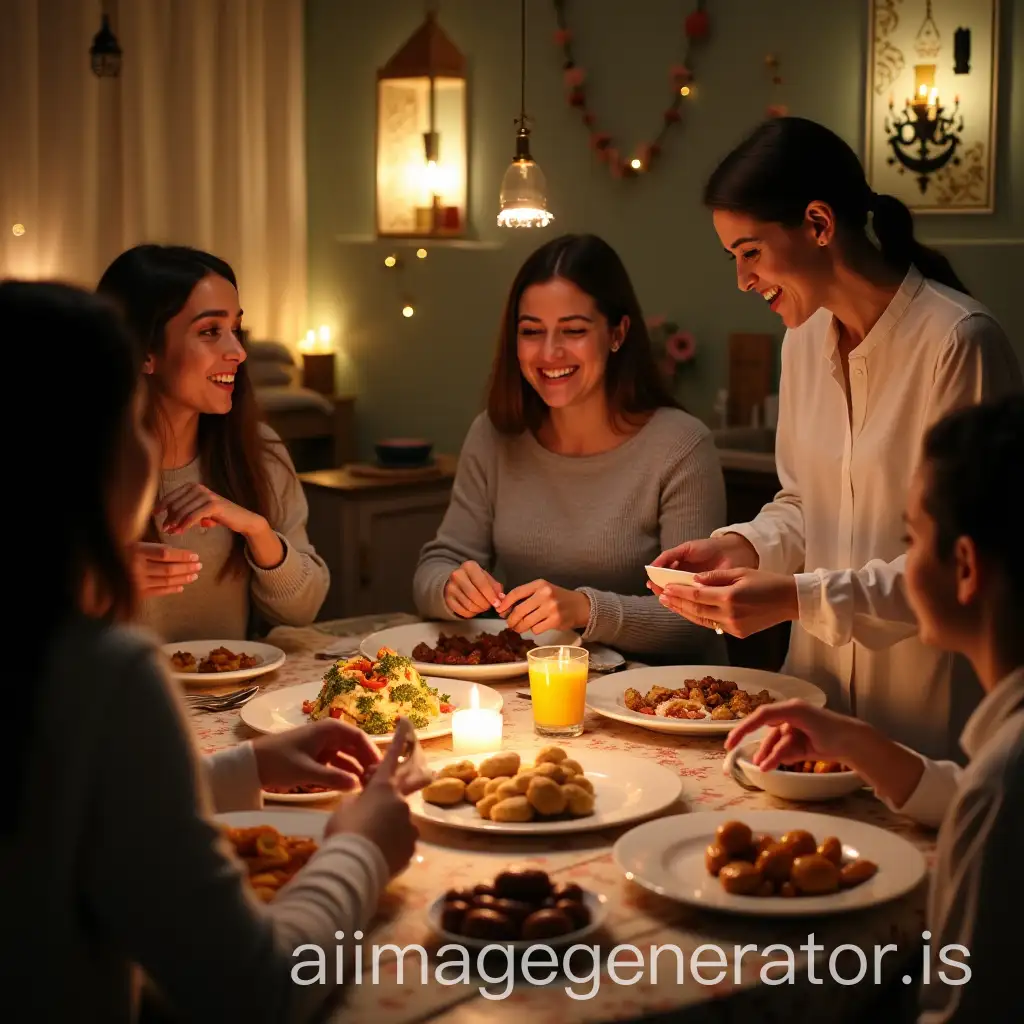 A warm and cozy two family gathering during Iftar in Ramadan. The two family sits around a beautifully set dining table filled with traditional dishes, dates, and drinks. The atmosphere is joyful, with family members smiling and engaging in conversation. The mother is standing near the sink, washing dishes with a gentle smile, while others are still enjoying their meal. The room is softly lit, creating a warm and inviting Ramadan ambiance. The background shows a decorated space with lanterns and festive ornaments, enhancing the spiritual and cultural essence of the moment.