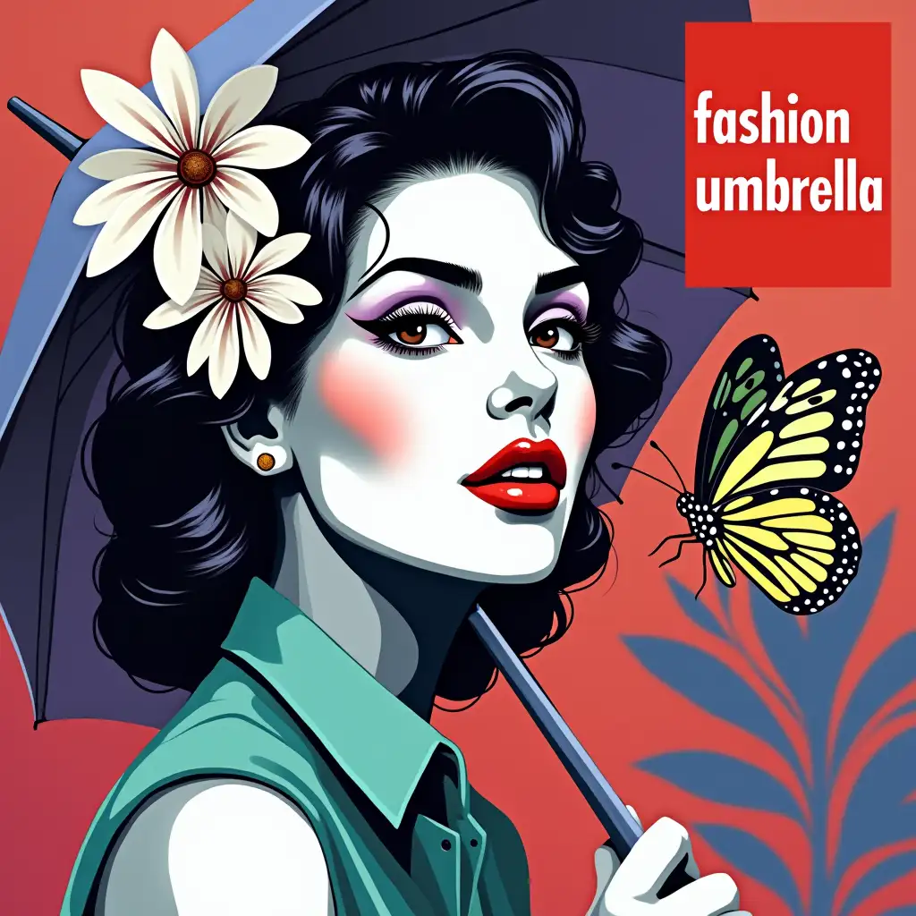 Dynamic Art Piece | Stylized woman's portrait full length with umbrella with lively geometric background shapes and lines | Active layout | Face in vivid mint and violet shades; High contrast; Lustrous highlights | Flawless complexion; Red lips; Self-assured expression | Large white flower beside head; Colorful butterfly near shoulder | 'fashion umbrella' in bold, white, sans-serif font on red rectangle (upper right corner) | Contemporary and visually striking composition --style raw --stylize 75 --v 6.1 --ar 5:7