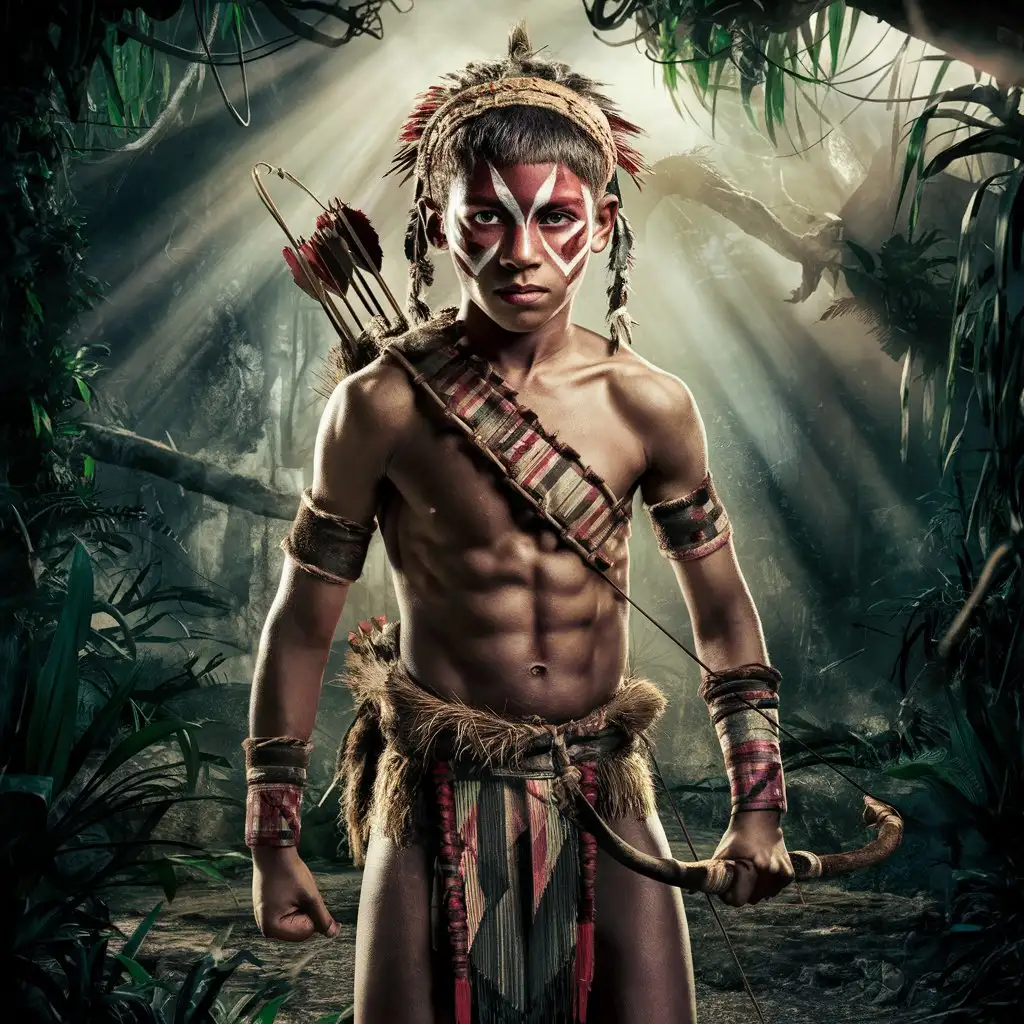 Tribal Painted Teen Boy with Bow and Arrow in Jungle