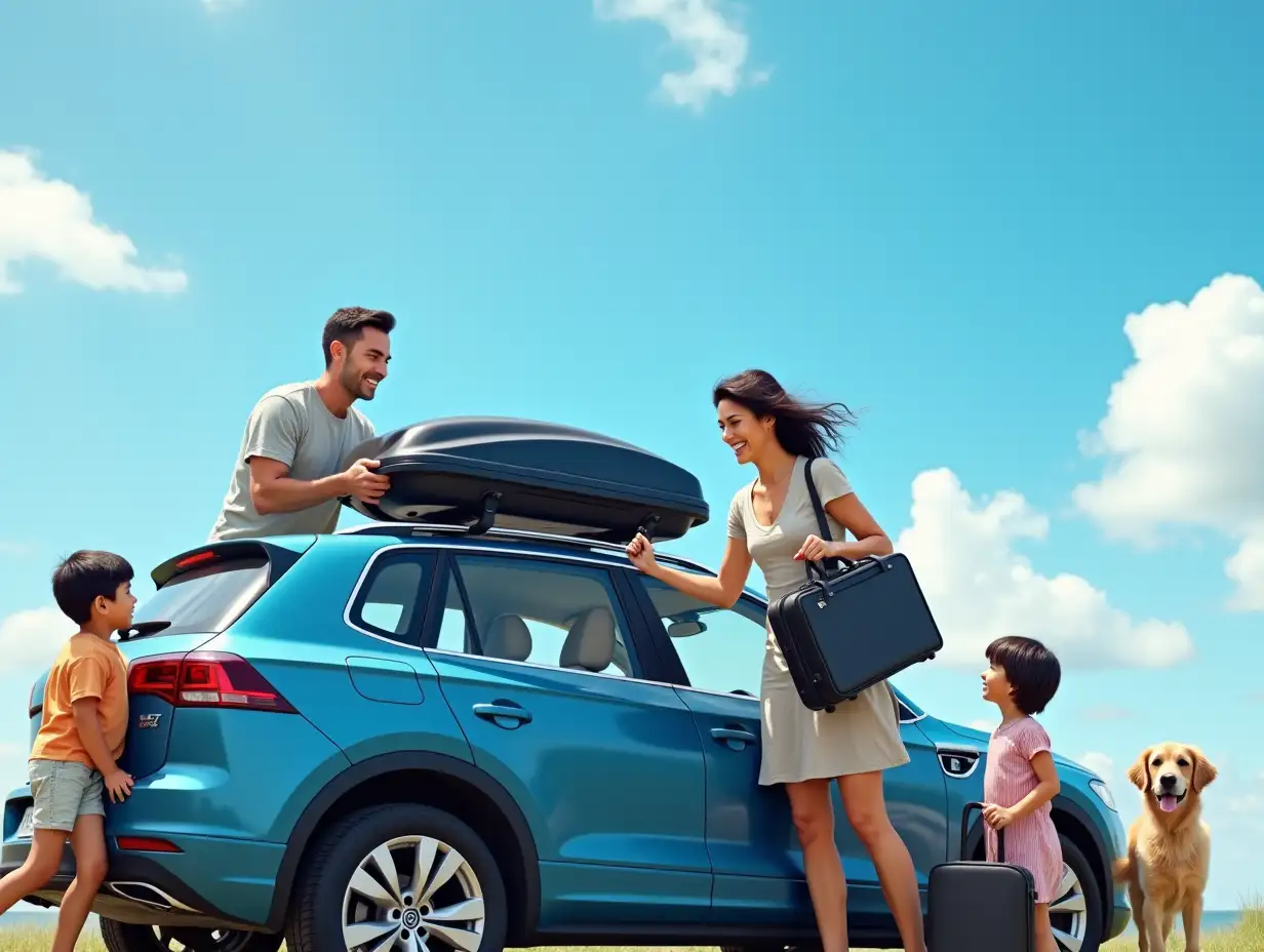 A highly detailed, photorealistic image of a joyful family preparing for a road trip. The parents, a smiling father with short, neatly styled hair and a loving mother with dark, wavy hair, are loading a roof box atop their blue car. The woman, wearing a casual summer dress, passes a sturdy black suitcase to her husband, who stands on the car’s side, securing it inside the sleek, aerodynamic roof box. Their two children, one holding a stuffed toy and the other gripping a small rolling suitcase, eagerly anticipate the adventure. Their friendly dog wags its tail, standing near the car. Above them, a bright blue sky with scattered white clouds creates a dreamy, travel-inspired atmosphere. The polished roof box gleams, reflecting sunlight. The composition has a sharp focus on the roof box, while the background, slightly blurred, captures the essence of departure and excitement.