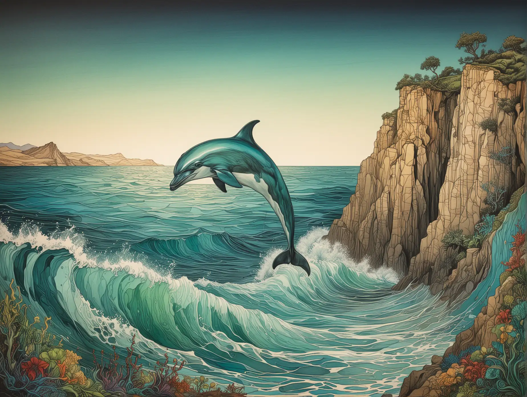 Surreal Ocean Landscape with Anatomically Correct Dolphin in Dali Style