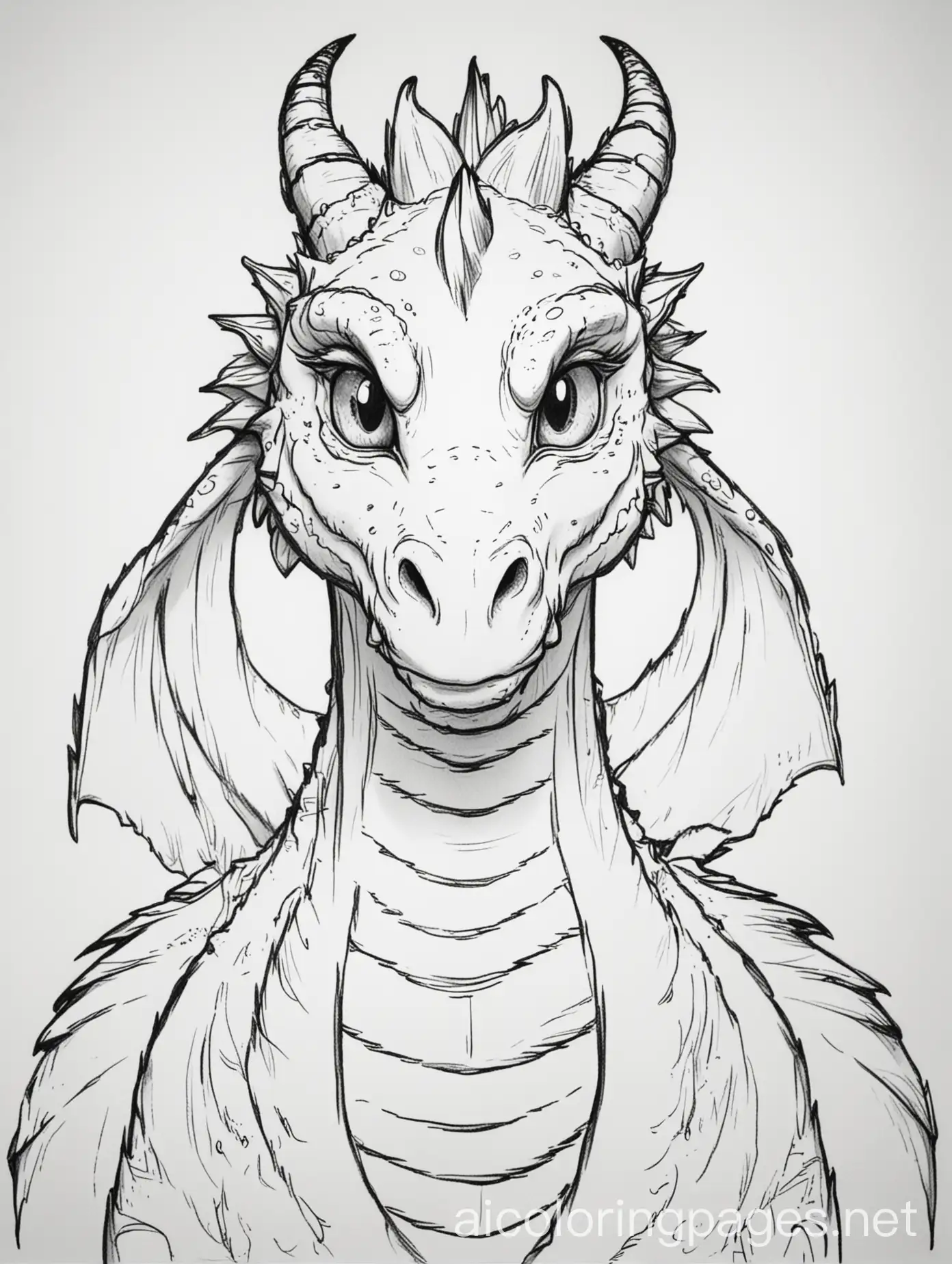 An adult dragon facing straight at me simple outline, Coloring Page, black and white, line art, white background, Simplicity, Ample White Space. The background of the coloring page is plain white to make it easy for young children to color within the lines. The outlines of all the subjects are easy to distinguish, making it simple for kids to color without too much difficulty