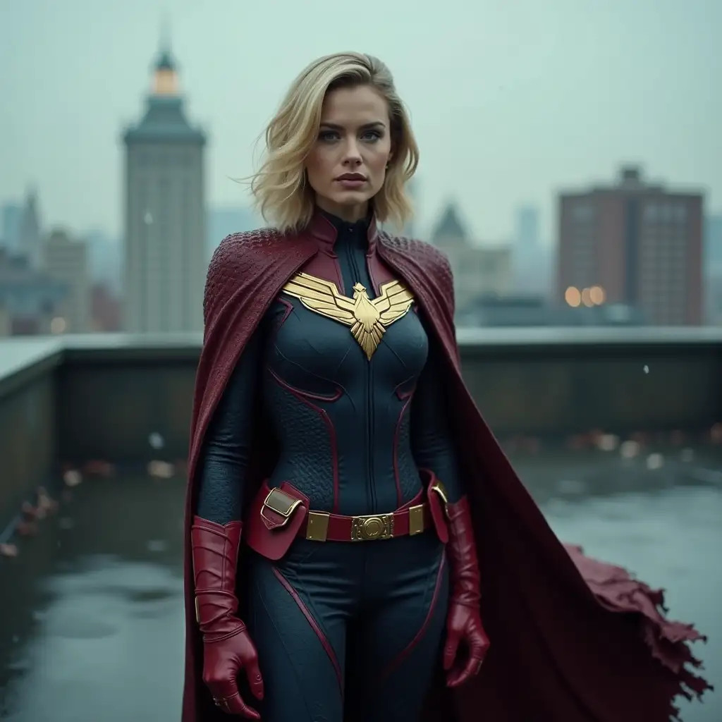 Margot-Robbie-in-Timeless-SuperheroInspired-Suit-on-Rooftop-in-Rainy-Metropolitan-City