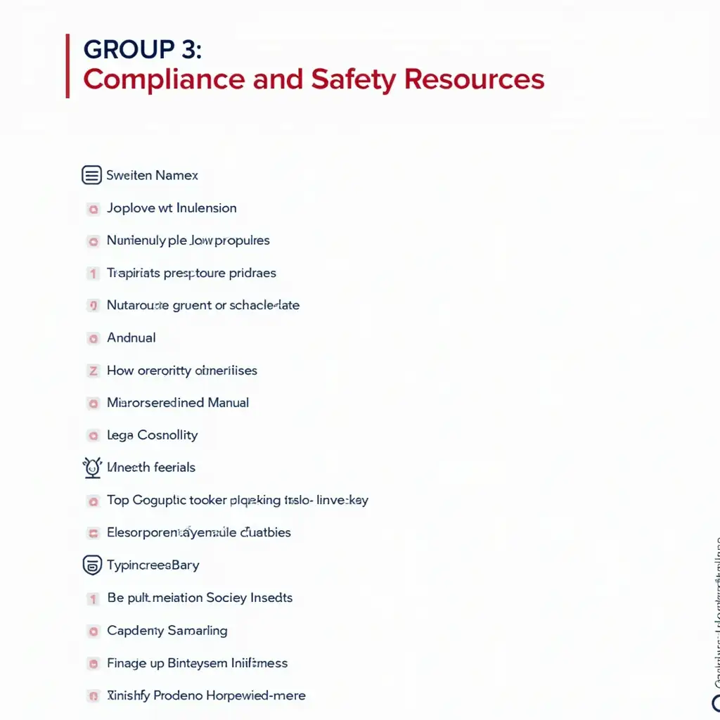 Group 3: Compliance and Safety Resources Company Policies and Procedures Manual Safety and Emergency Procedures Documentation Legal Compliance and Regulatory Guidelines Diversity and Inclusion Initiatives