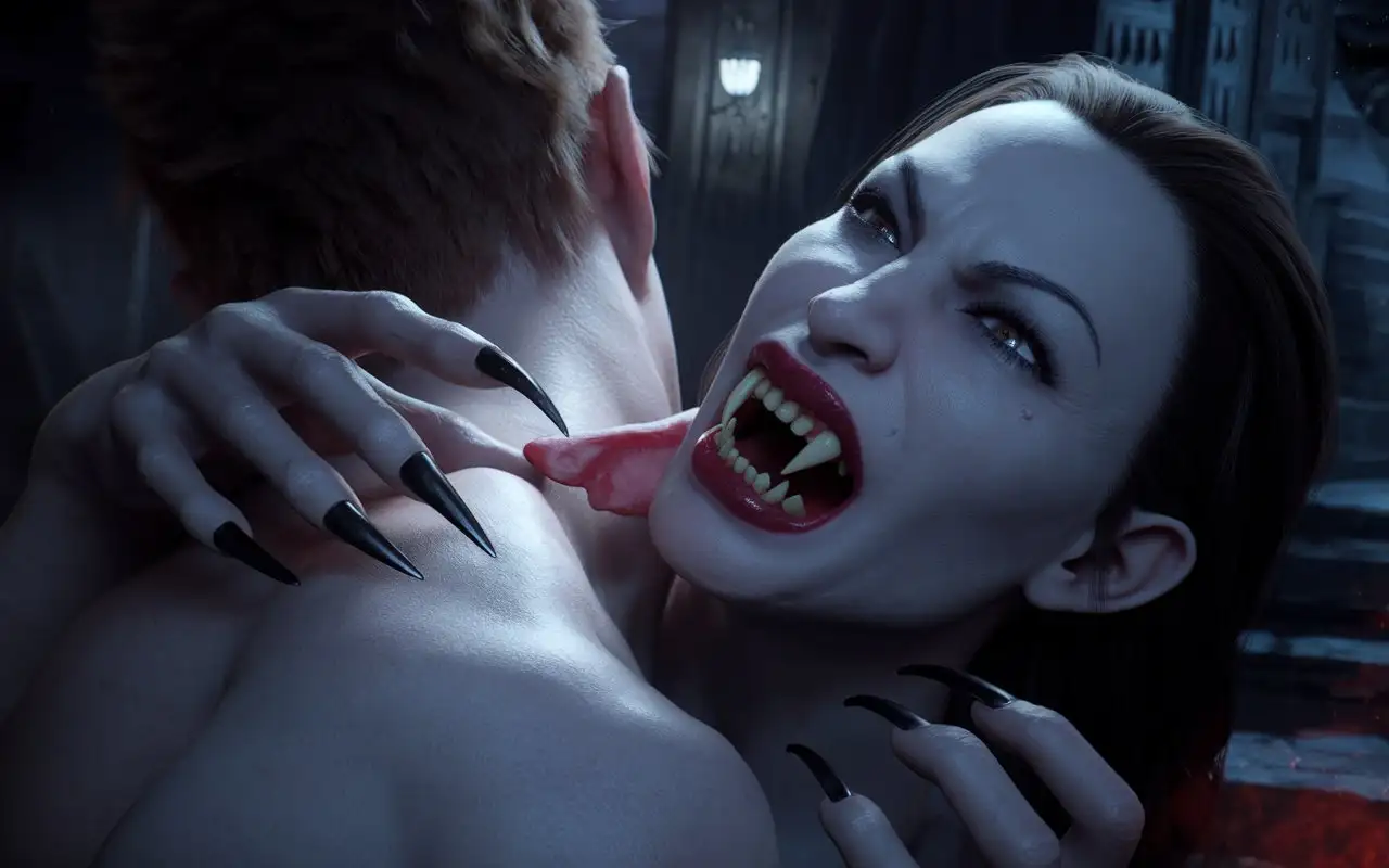 Vampire-Woman-Attacking-Man-in-Dark-Atmosphere