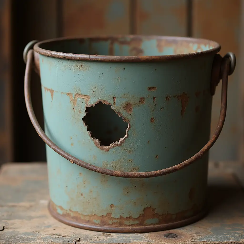 Vintage Bucket with a Rustic Hole and Weathered Patina