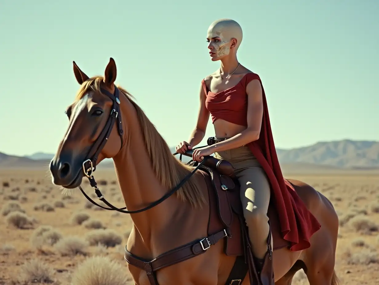 Cowgirl-with-Shaved-Skull-Riding-Mechanical-Horse-in-Wild-West-Landscape