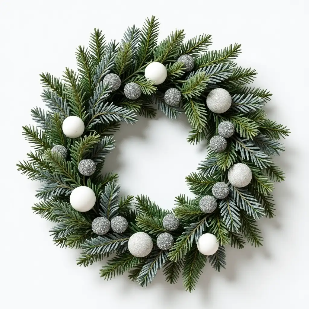 Elegant-Christmas-Wreath-with-Silver-Green-Pine-and-White-Ivory-Decorations