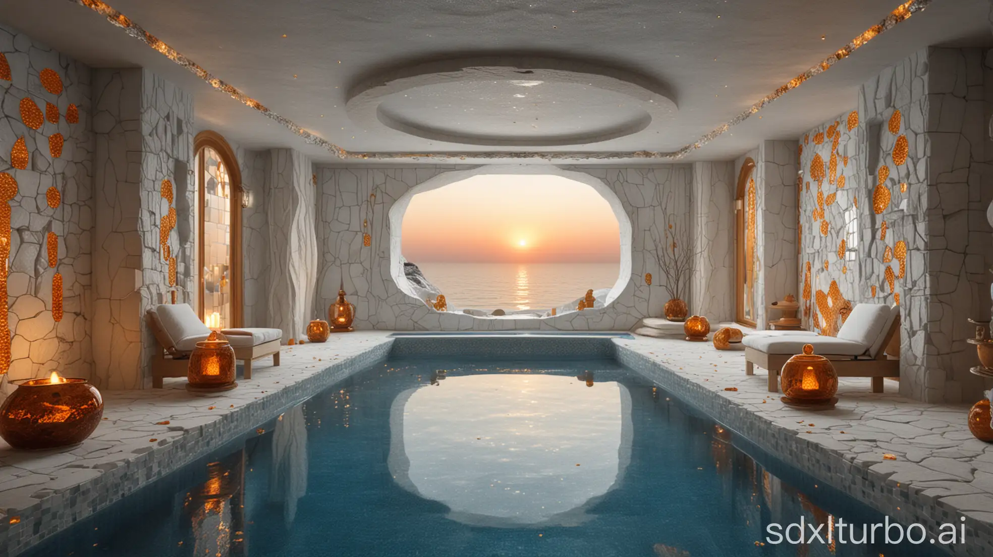 a luxury atlantide indoor spa in nordic style, with adorned stone and amber sculptures, many magical signs on walls, crystals, cups, blue and white pool mosaic, sunset atmosphere, highly detailed