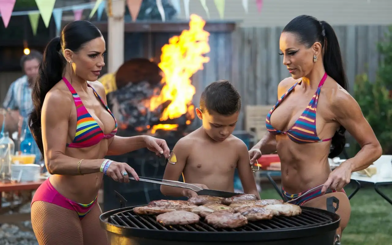 Summer Backyard. Two very beautiful Evil mature  smiling latina females with deep necklines and hair slicked back into a ponytail (grills a boy on a large grill:1.5), big hot flame, hot coals, cinematic, photo , 4k