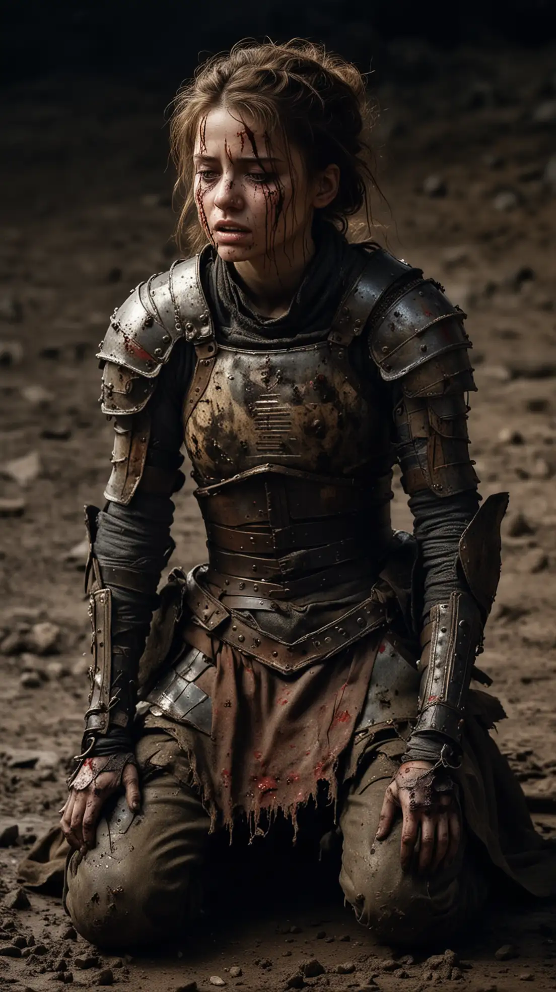 Princess with brown hair and light damaged armour wounded with a heavily bruised face, gruesome wounds, battle worn, blackened eyes, covered in blood and dirt, who is kneeling on a desolate battlefield at a dark night. She is suffering with closed eyes and tortured with agonizing pain.