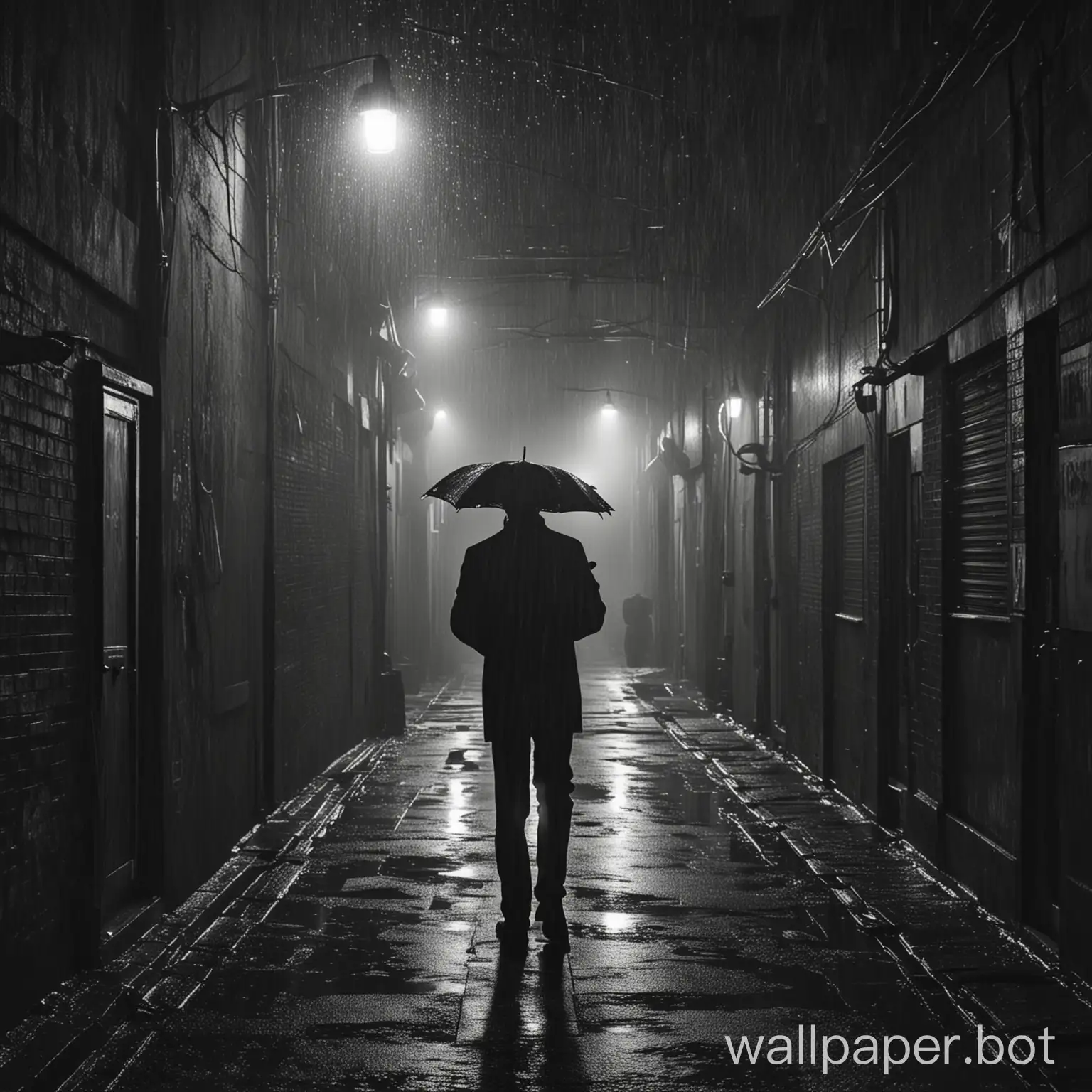 dark rainy alley with a man standing at a distance with an umbrella and a glimmer of light shining on the man through his umbrella faceless