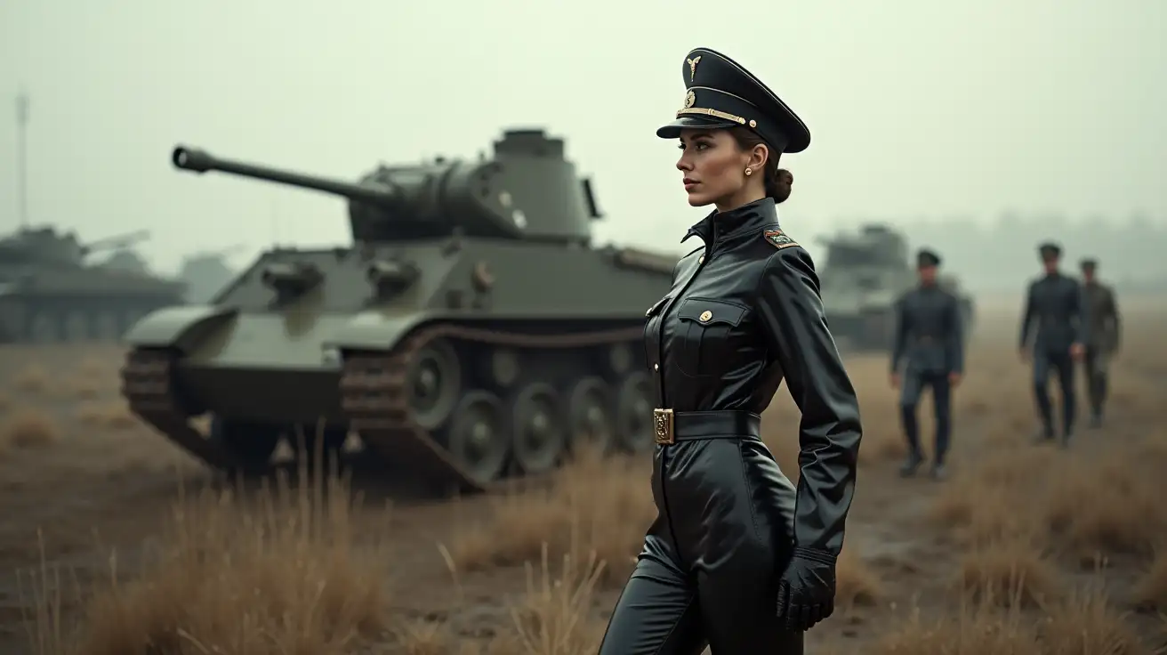 WWII-BDSM-Mistress-in-Shiny-PVC-Attire-Amidst-German-Soldiers-and-Tiger-Tank