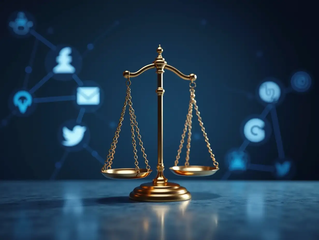 A hyperrealistic photograph of a golden scale of justice resting on a modern surface. In the background, a digital network with various icons is displayed, representing the integration of technology and justice in today's world. The color palette should consist of deep indigo/purple-blue, white, and light gold, conveying fairness, integrity, and technological advancement. The overall message is that this platform helps to create balance and justice in the digital space. The entire image should have a photorealistic quality, with a focus on detail and realism.