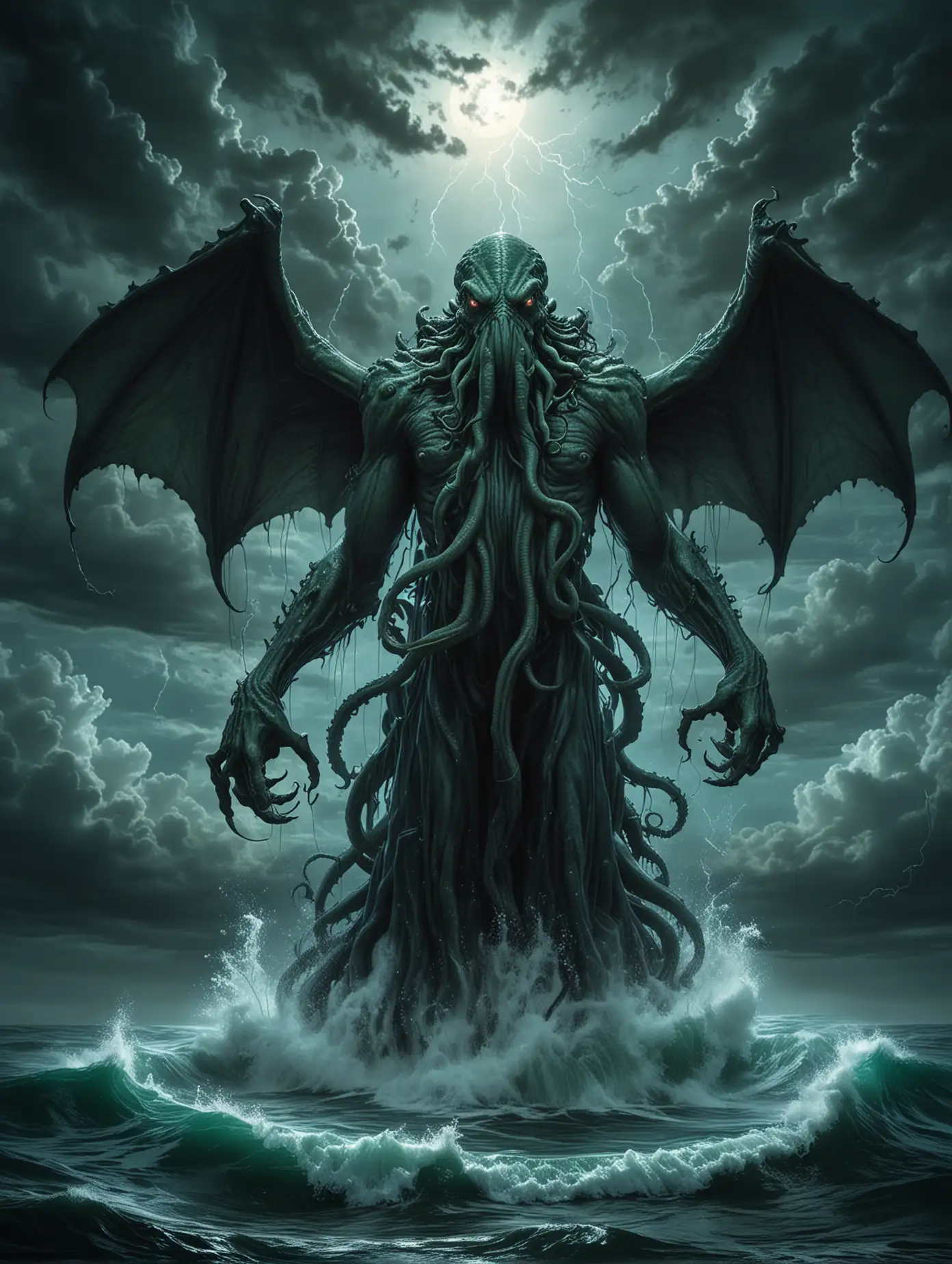 Cthulhu-Rising-from-the-Water-Under-Lightning-and-Moonlight