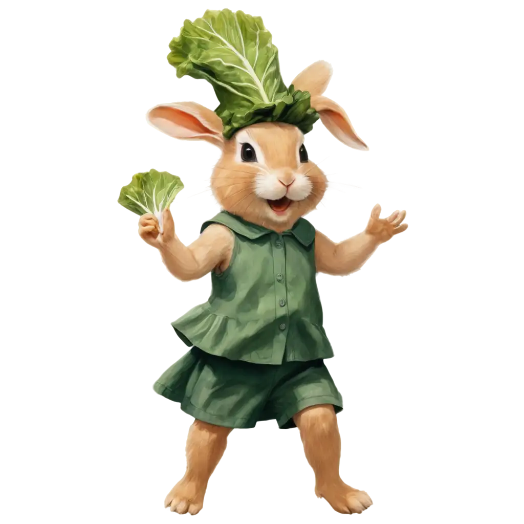 Adorable-Rabbit-Dancing-with-a-Cabbage-Leaf-Hat-Charming-PNG-Image