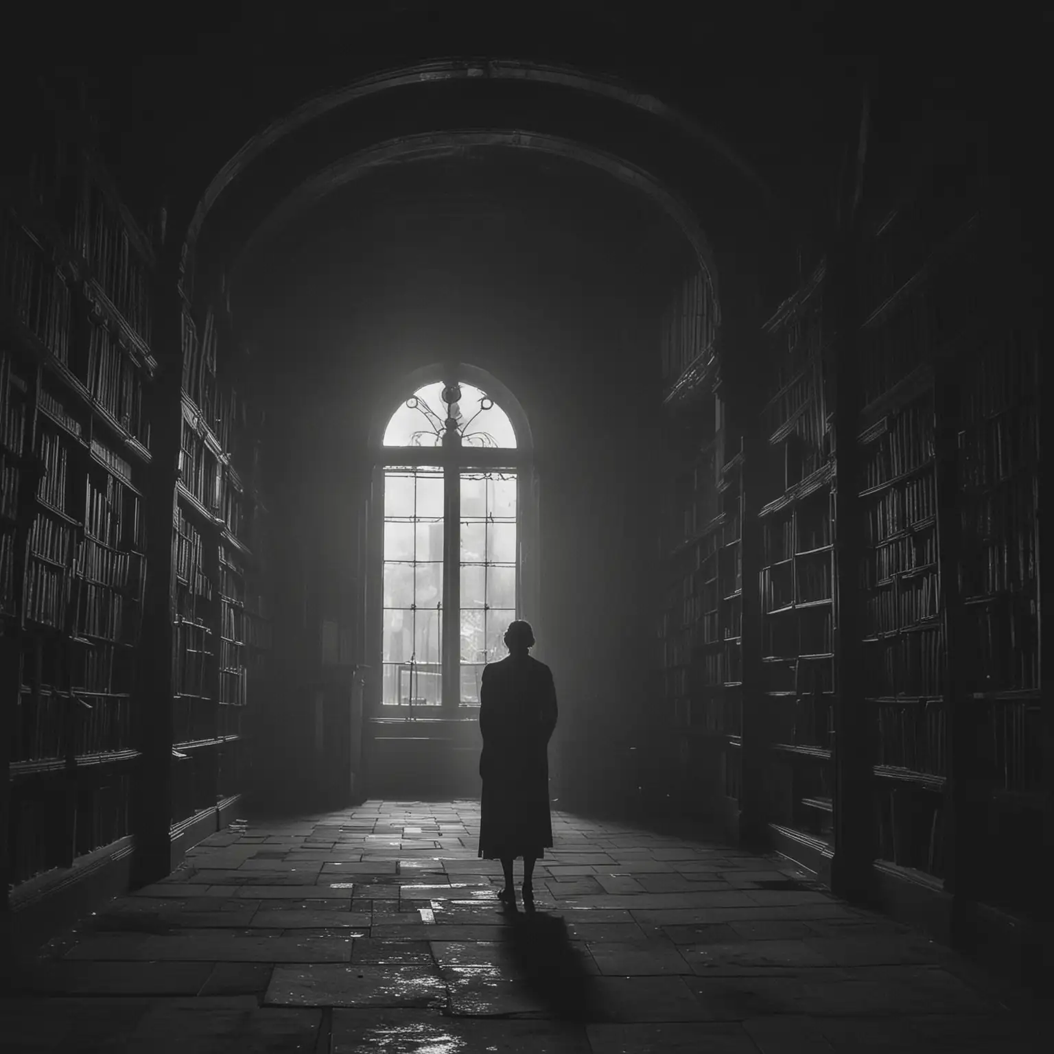 old library, dark, lone figure standing outside