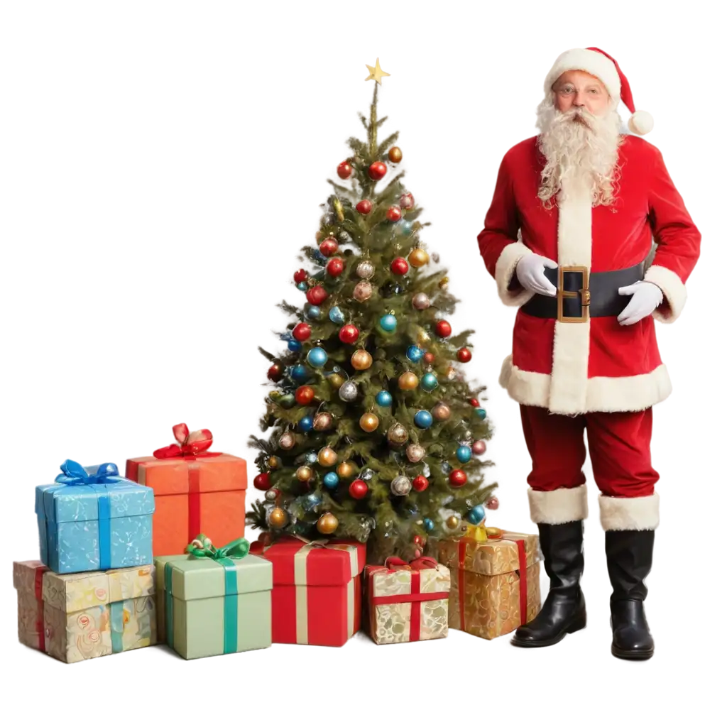 Santa-Claus-with-Christmas-Tree-and-Gifts-PNG-Image-for-Festive-Designs-and-Holiday-Projects