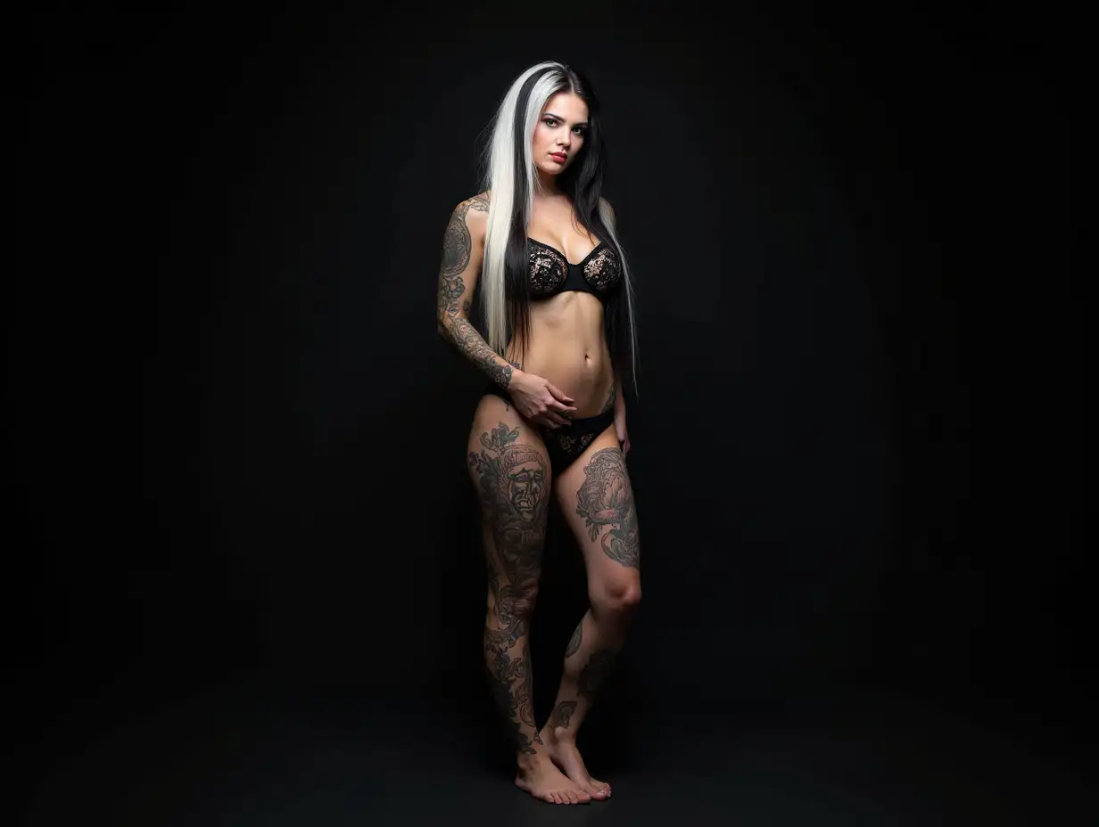 Depiction of a beautiful white woman with tattoos and long mixed white-black hair in a futuristic style and feet on a black background