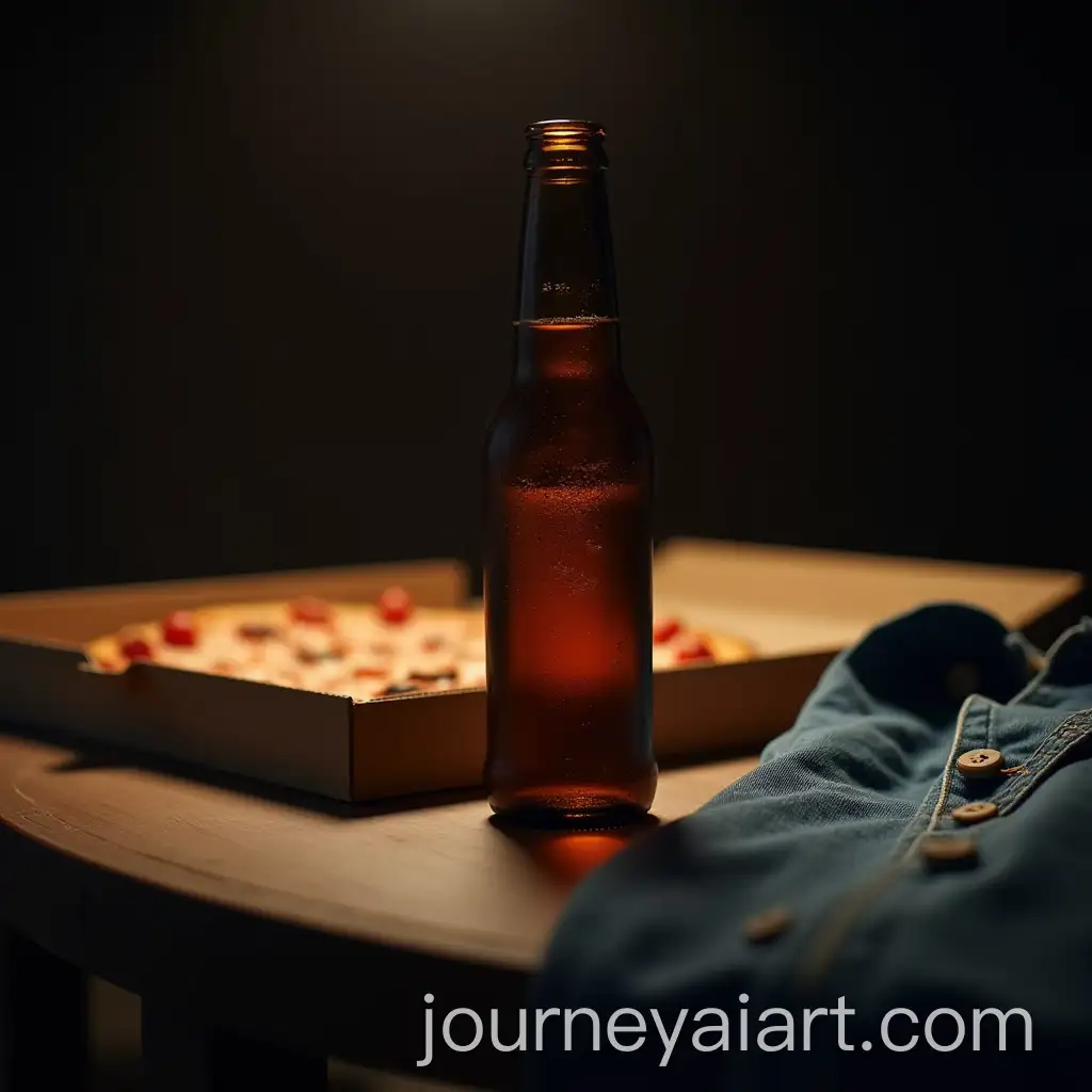 Beer-Bottle-on-Table-with-Pizza-Box-and-Denim-Sleeveless-Jacket-in-DarkAI-Image-Prompt-Expansion-Room