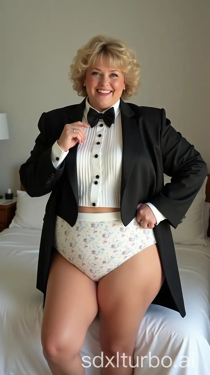 Caucasian-MiddleAged-Woman-in-Formal-Orchestra-Tuxedo-with-Bow-Tie-in-White-Bedroom