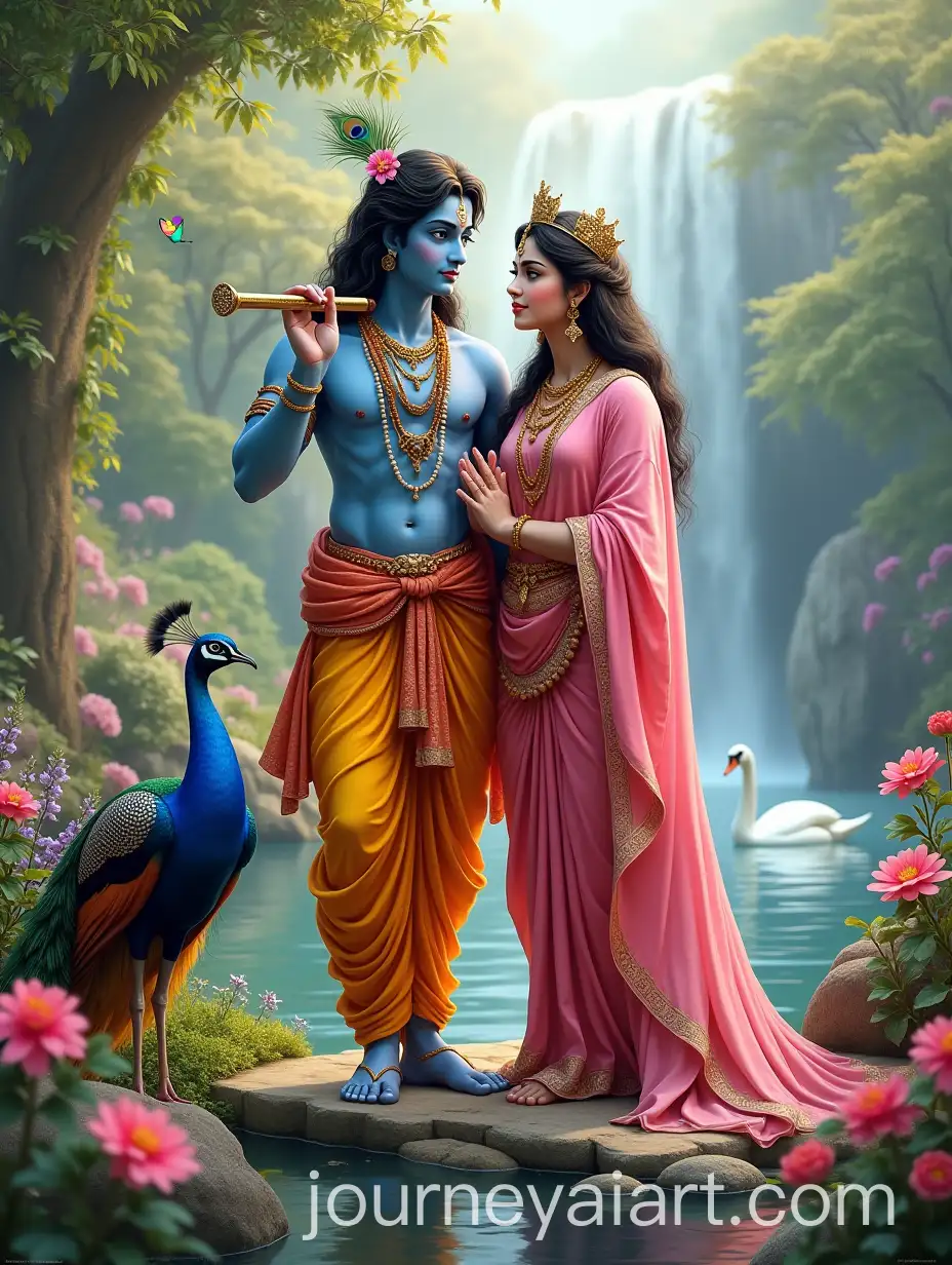 Krishna-and-Radha-in-a-Tranquil-Garden-with-Swan-and-Peacock