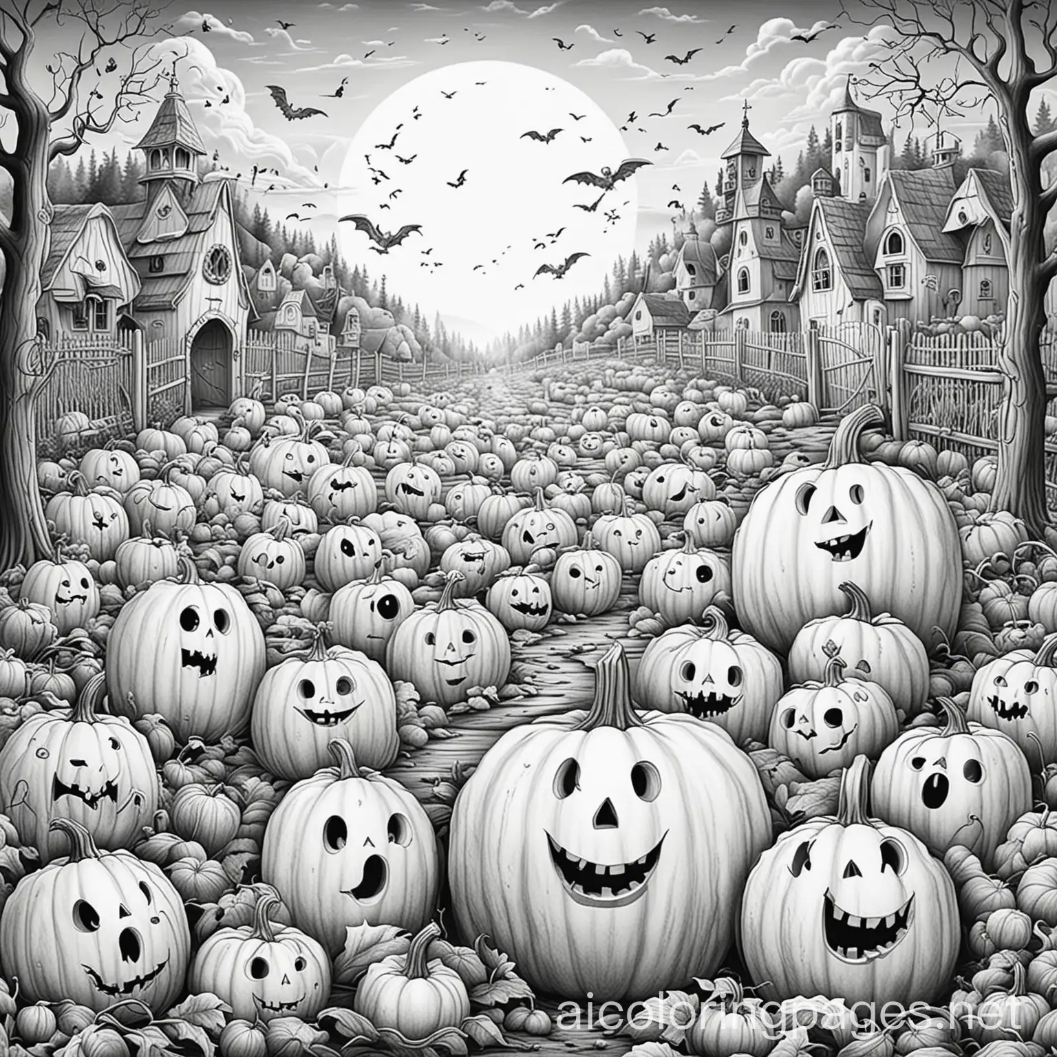 Spooky-Pumpkin-Patch-with-Ghosts-Coloring-Page