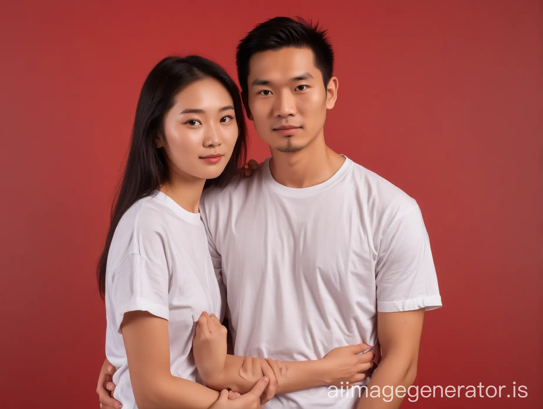 Photo of lovers, two people, Asian, side by side, face front, red background, no text in the background, white T-shirt, lady on the right side of gentleman, lady in front of gentleman