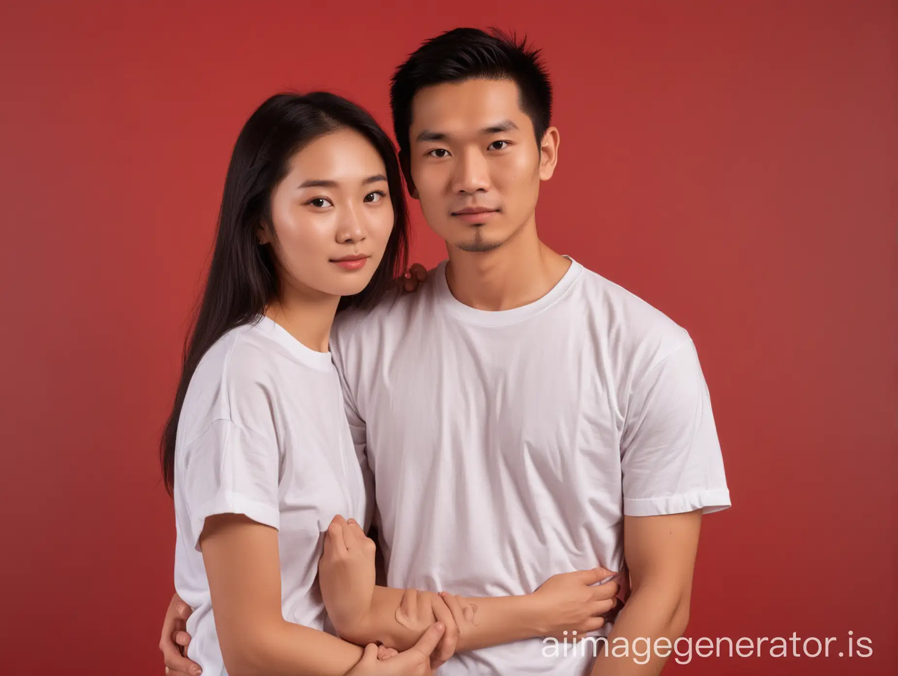 Asian-Couple-Standing-Together-in-Red-Background