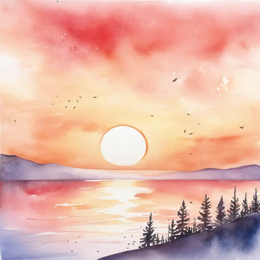 Serene Watercolor Sunrise Over Lake Reflections