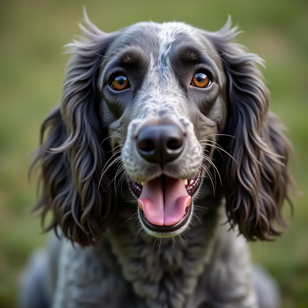 grey spot cocker spaniel with a long thin nose with big eyes and open mouth