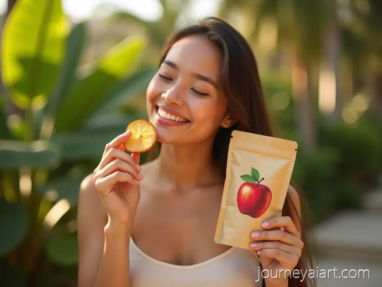 Young-Woman-Enjoying-FreezeDried-Apple-in-TropicalAI-Image-Prompt-Expansion-Garden