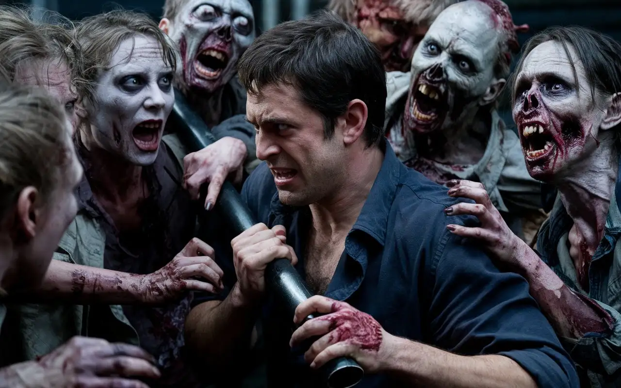 Man-Fighting-Off-Horde-of-Zombies-in-Terrifying-Scene