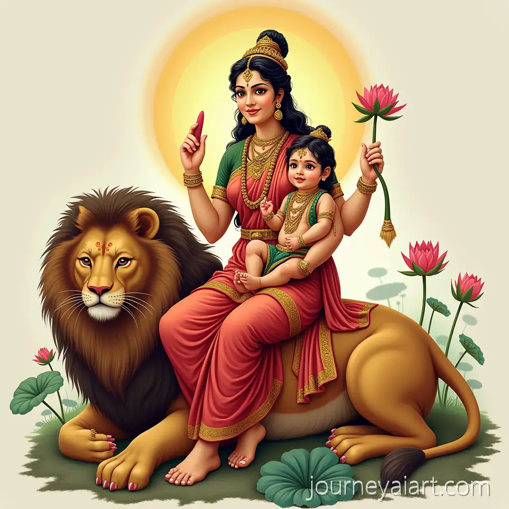 Skandmata-Seated-on-Lion-Holding-Baby-Kartikeya-with-Lotus-Flowers