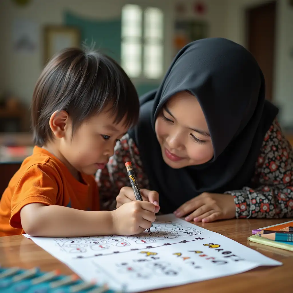 a 24 year old indonesian woman teacher is teaching 3 years old indonesian boy how to write numbers, photo-realism