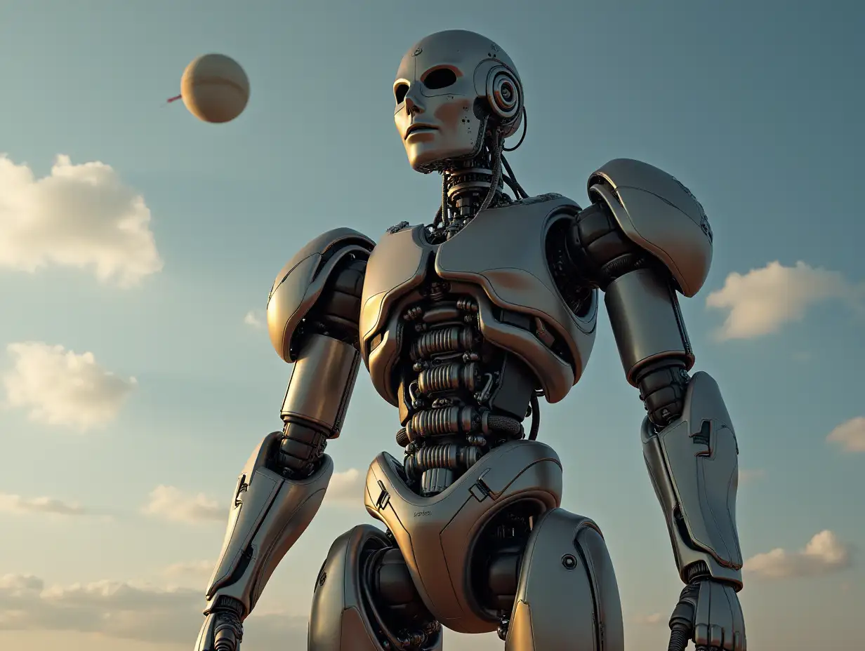 Create a high-resolution, realistic image of the artificial intelligence Robert, 40 meters tall with humans, with a motor made of many parts, from Jupiter 4k resolution