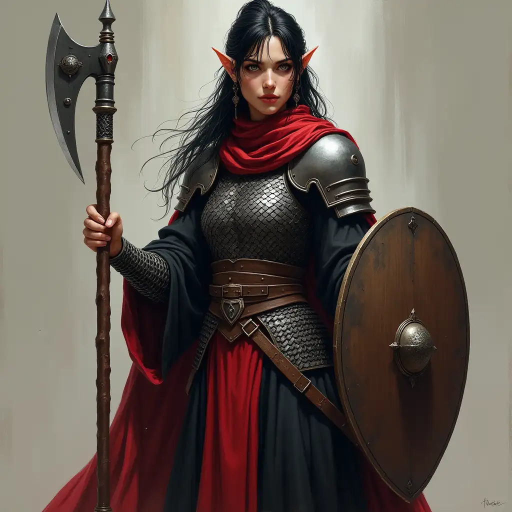 Female-Elf-Warrior-in-Black-and-Red-Robes-with-Mace-and-Shield