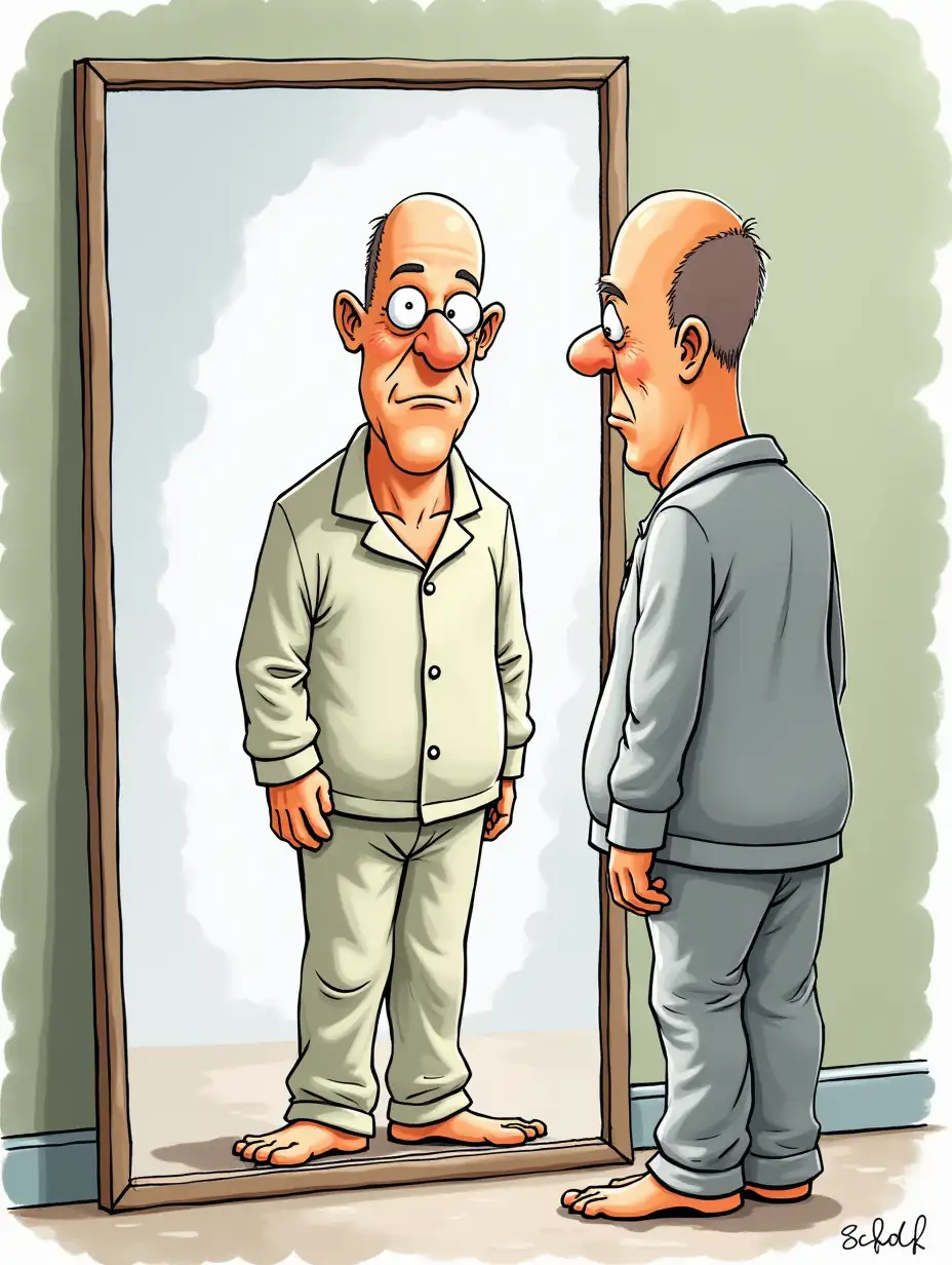 Olaf scholz stands in his pajamas before the mirror (cartoon)