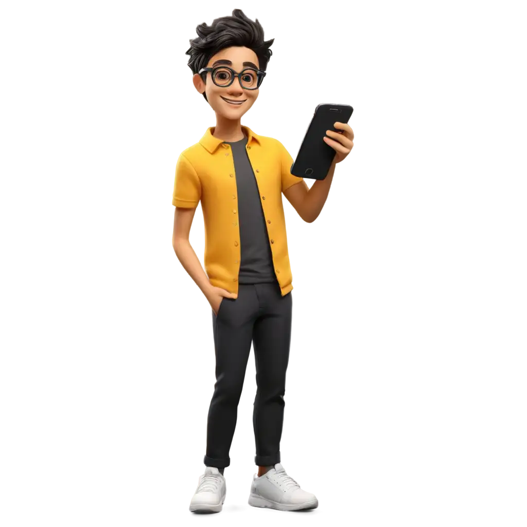 3D-Young-Child-with-Glasses-Using-Cellphone-PNG-Image-for-Mobile-App-Developer-Concept