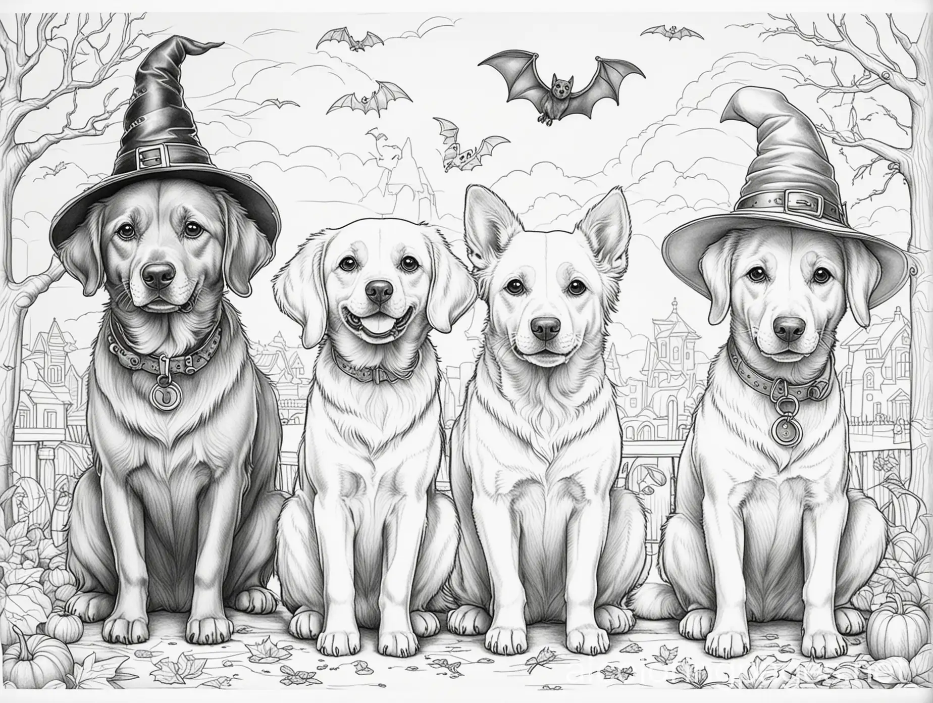 Children-Coloring-Halloween-Dogs-Simple-Line-Art-on-White-Background