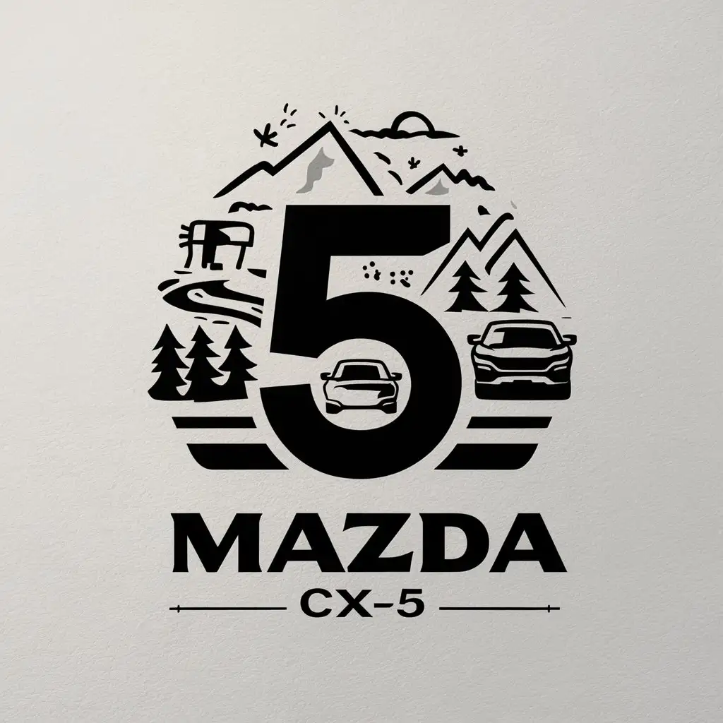 a vector logo design,with the text "Mazda CX-5", main symbol:Pool table number 5, highway, off-road, camping, mountain, river, forest,complex,clear background